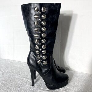 Icora Black Faux Leather Round Toe Stiletto Platform Heel Boots W Metal Accent 9